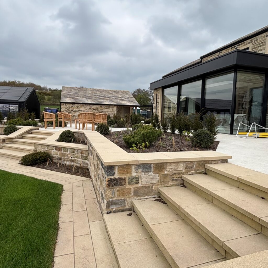 Walling, paving, step treads and coping